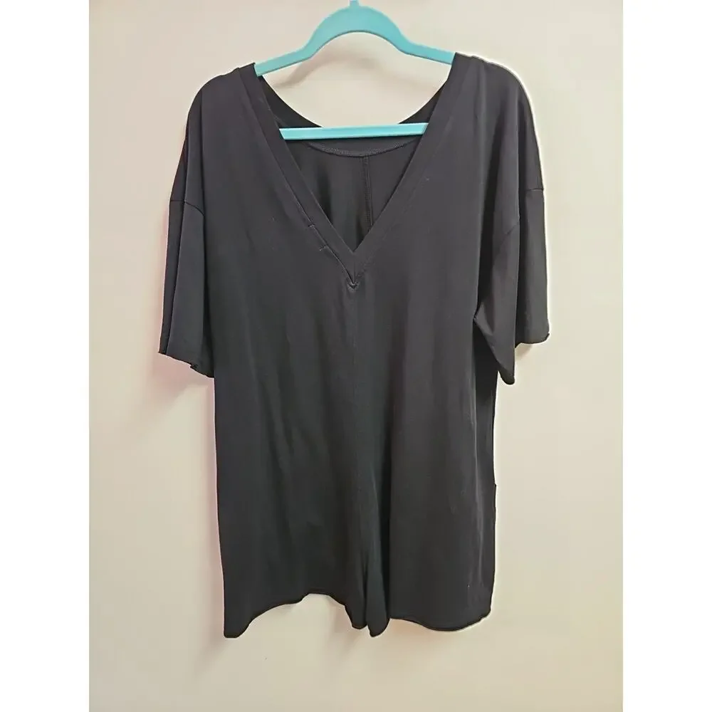 Ugerloo Black Short Sleeve Oversize Casual Cotton Romper with Pockets SZ L